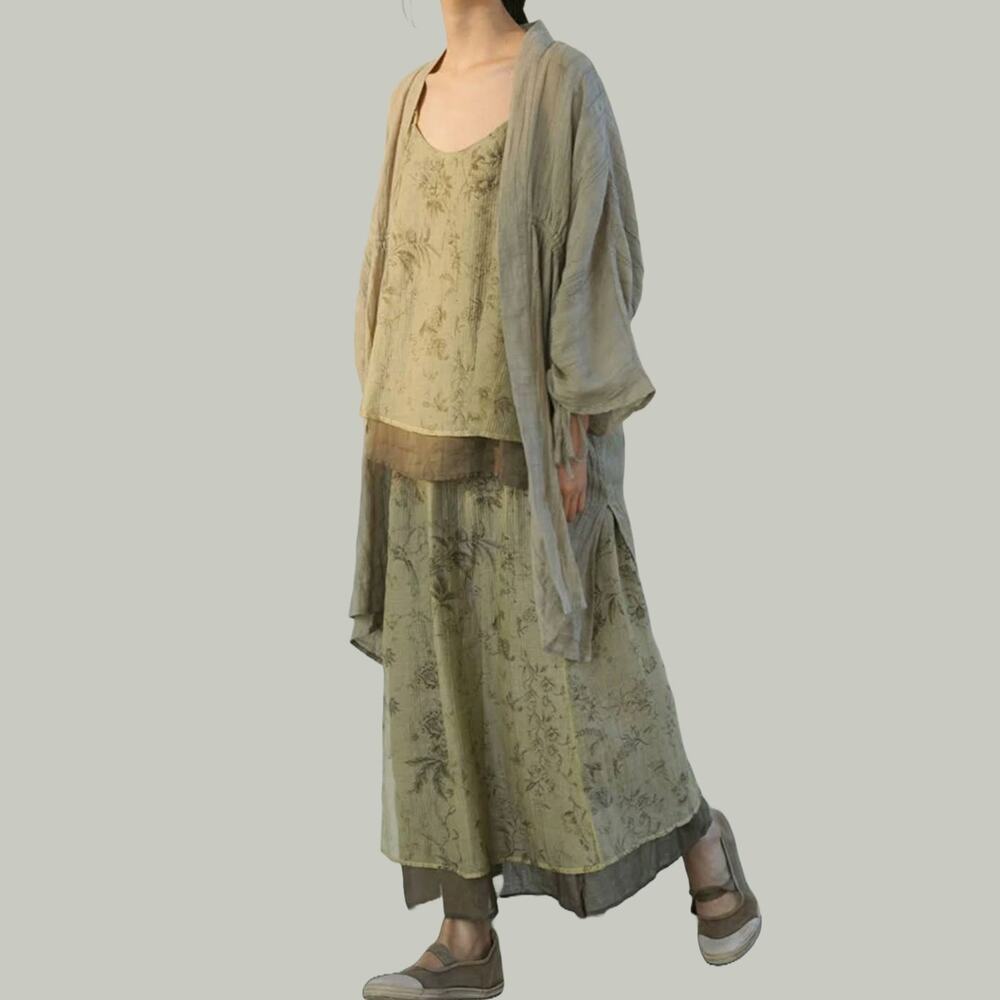 Linen Olive Green Floral Two-Piece Dress Set